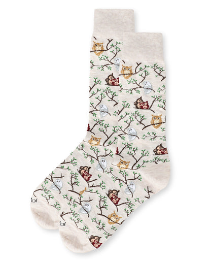 Men's Embroidered Owls Bamboo Crew Socks : Color: Oatmeal Heather