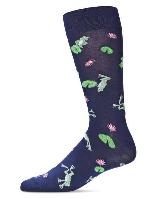 Men's Embroidered Frogs Bamboo Crew Socks : Color: Navy