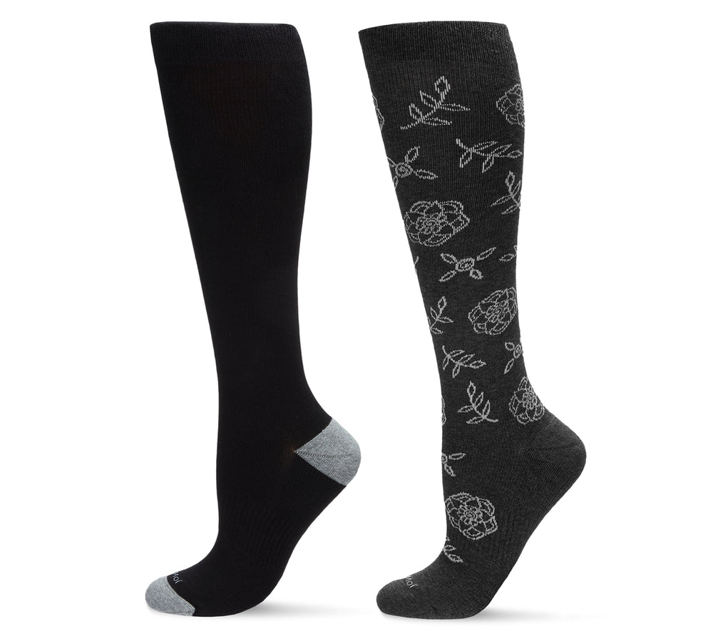 Women's 2 Pair Pack Cotton Blend 15-20 mmHg Graduated Compression Socks : Color: Floral-Black-Gray