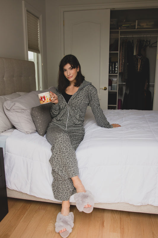 Women's French Terry Cloth Leopard Print Lounge Pants : Color: Gray Heather