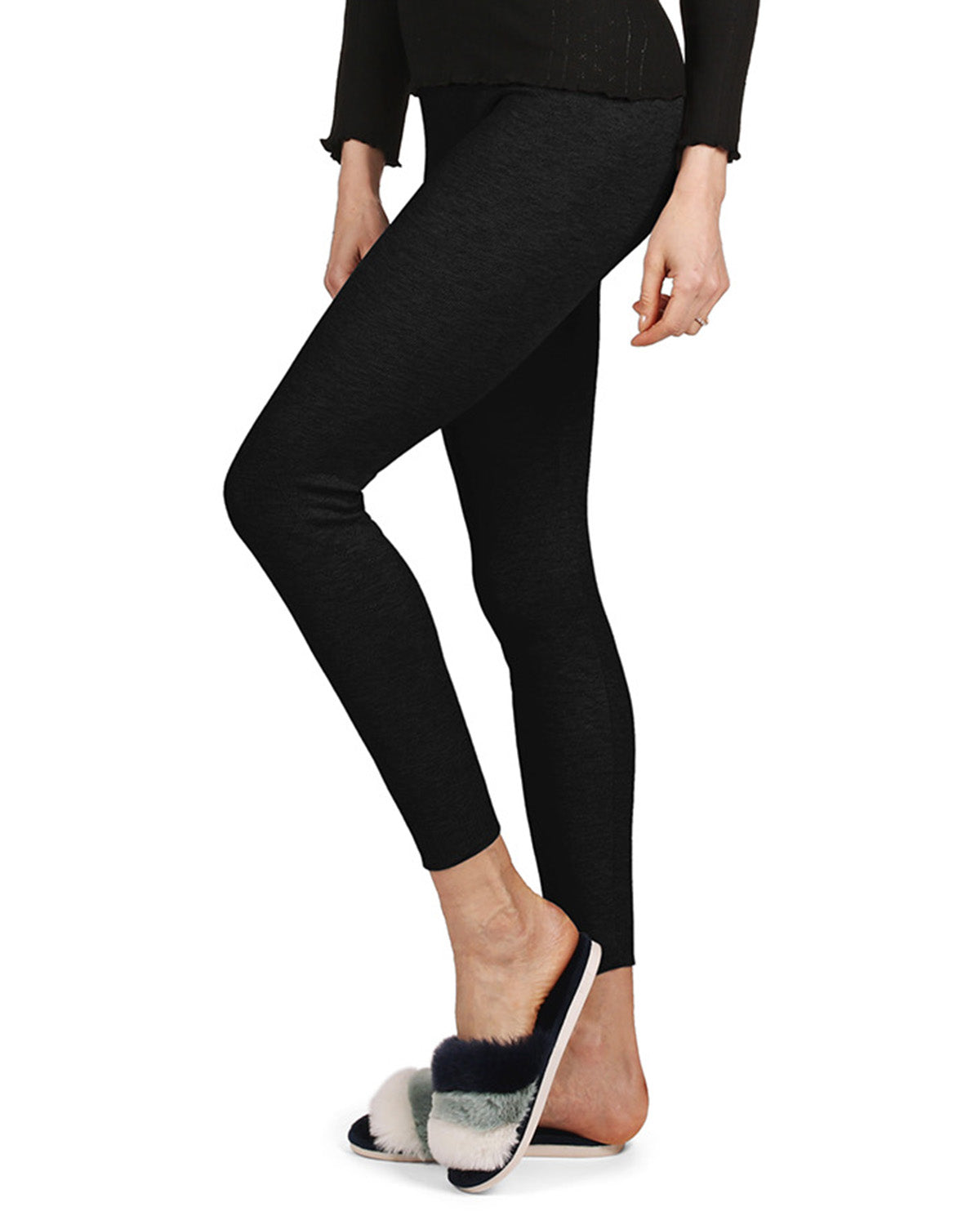 Women's 100% Cotton Pointelle Rib Knit Seamless Leggings : Color: Black