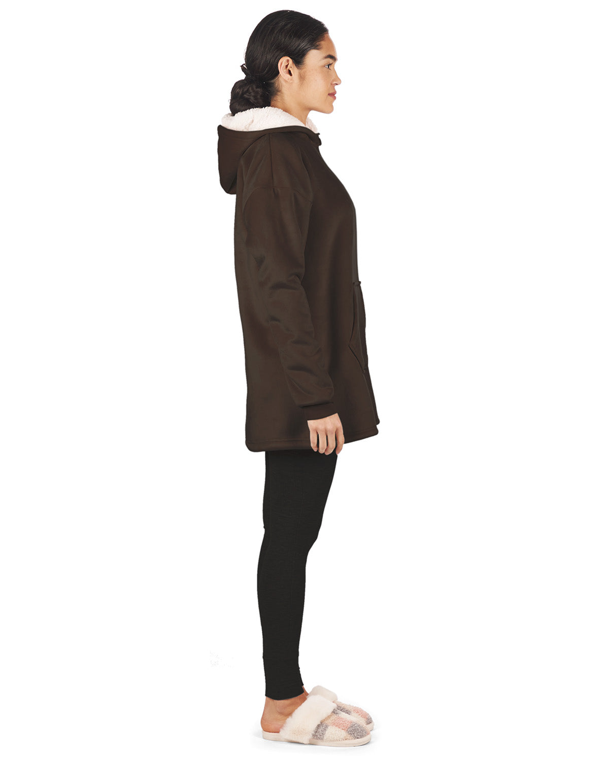 Women's Sherpa-Lined Soft Velour Hooded Lounge Top : Color: Dark Brown