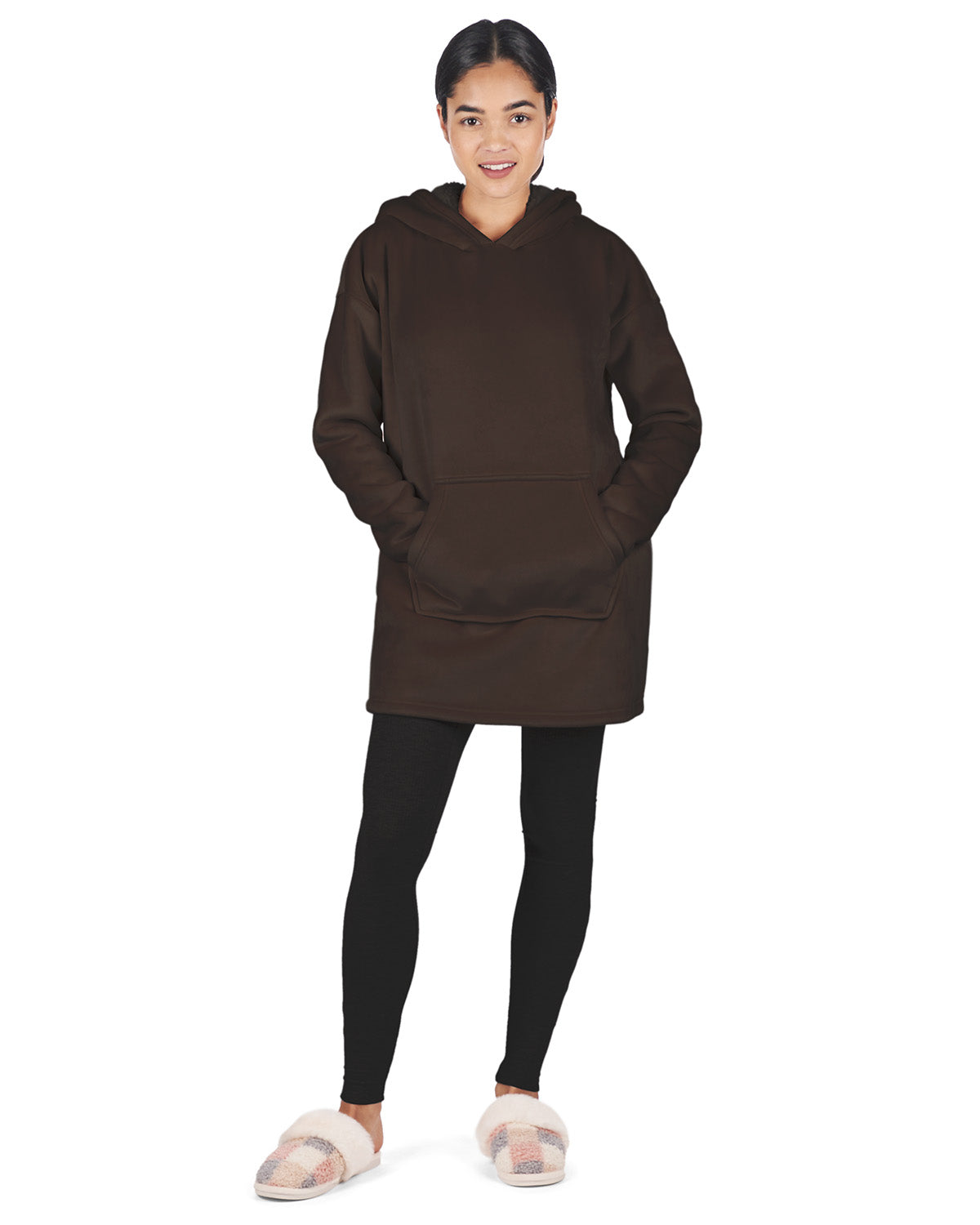 Women's Sherpa-Lined Soft Velour Hooded Lounge Top : Color: Dark Brown