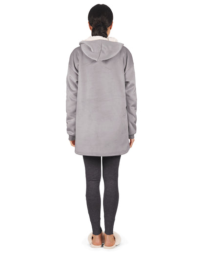 Women's Sherpa-Lined Soft Velour Hooded Lounge Top : Color: Gull Gray