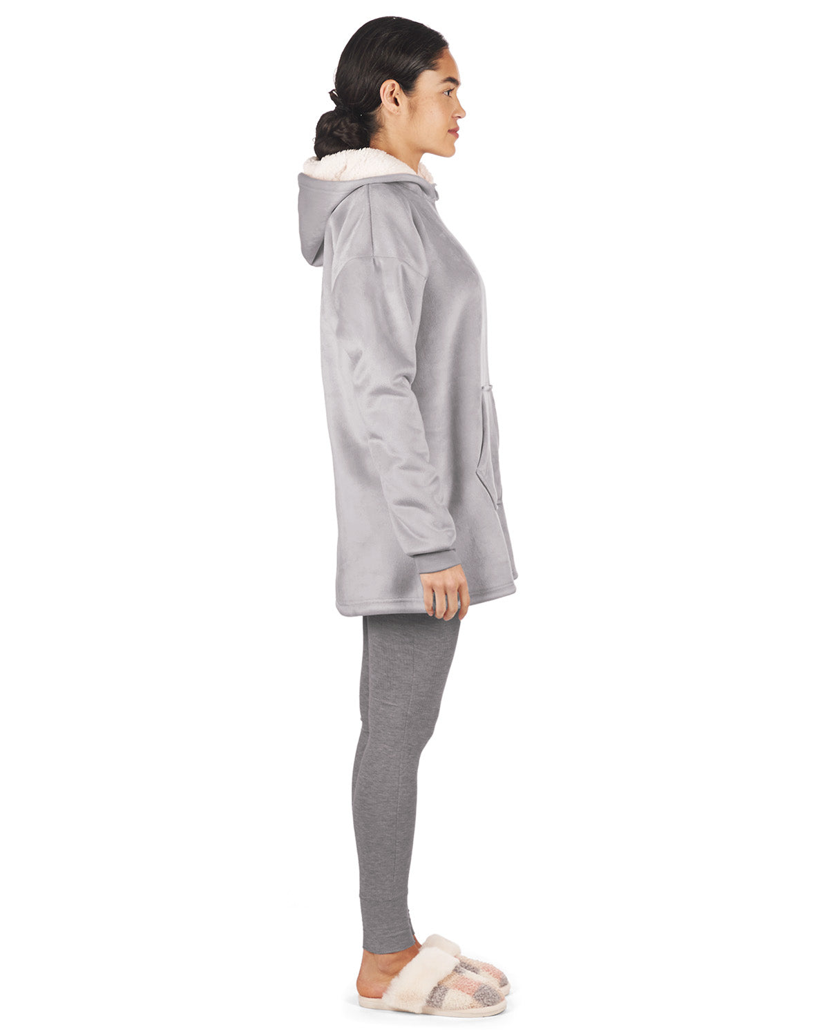 Women's Sherpa-Lined Soft Velour Hooded Lounge Top : Color: Gull Gray