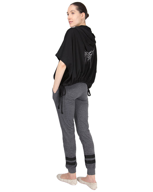 Women's Cotton Blend Jogger Pants with Contrast Ribbon Stripes : Color: Charcoal