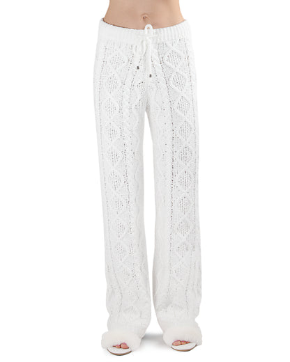 Women's Cable Knit Marshmallow Plush Drawstring Pants : Color: White