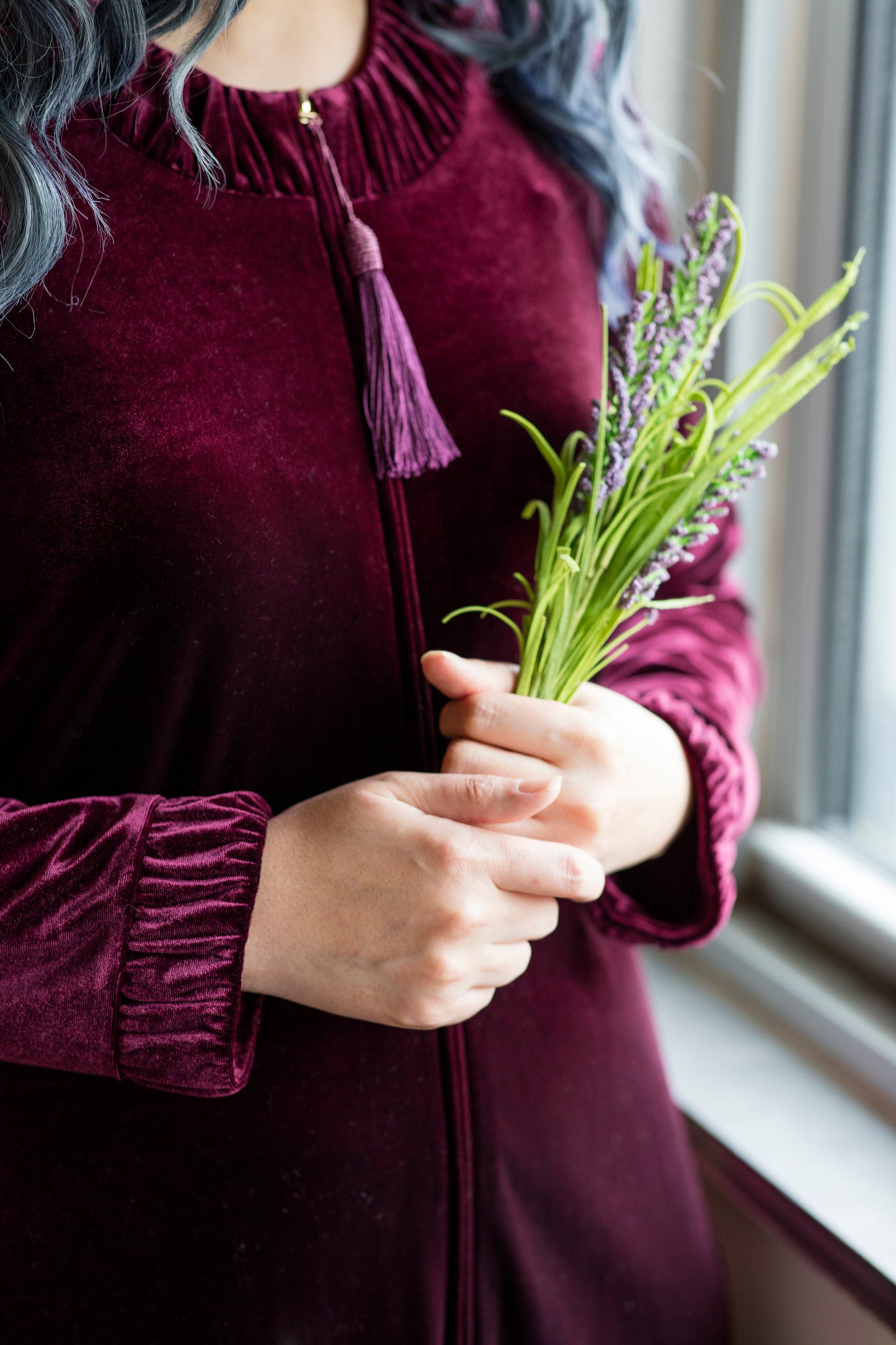 Women's Velour Zippered Front Full Length Lounger Gown : Color: Burgendy