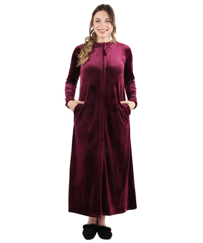 Women's Velour Zippered Front Full Length Lounger Gown : Color: Burgundy