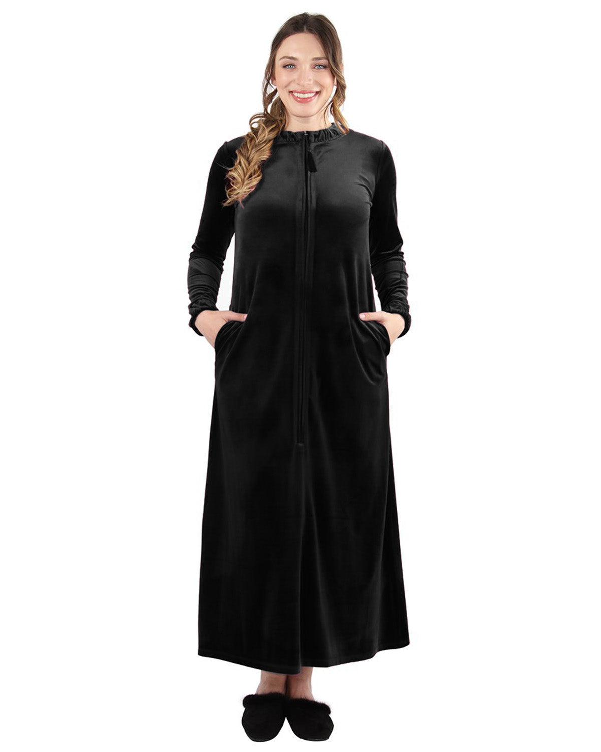 Women's Velour Zippered Front Full Length Lounger Gown : Color: Black