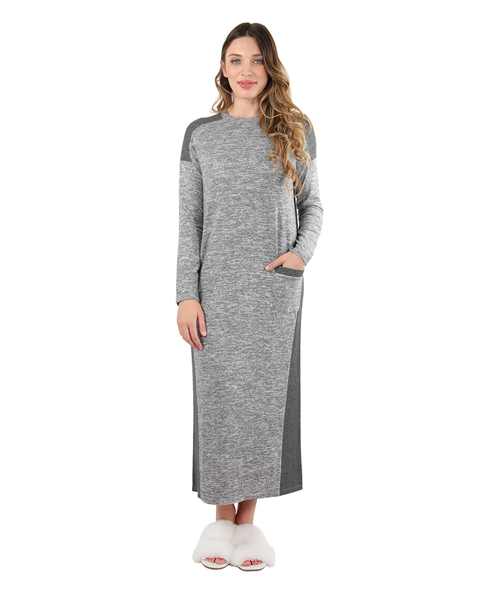 Women's Colorblock Pocket Heathered Sweater Knit Lounger Gown : Color: Medium Gray