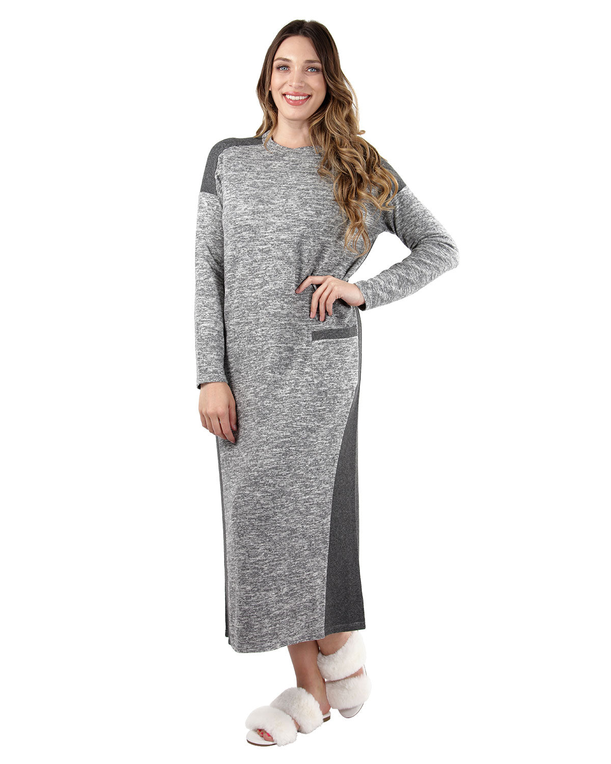 Women's Colorblock Pocket Heathered Sweater Knit Lounger Gown : Color: Medium Gray