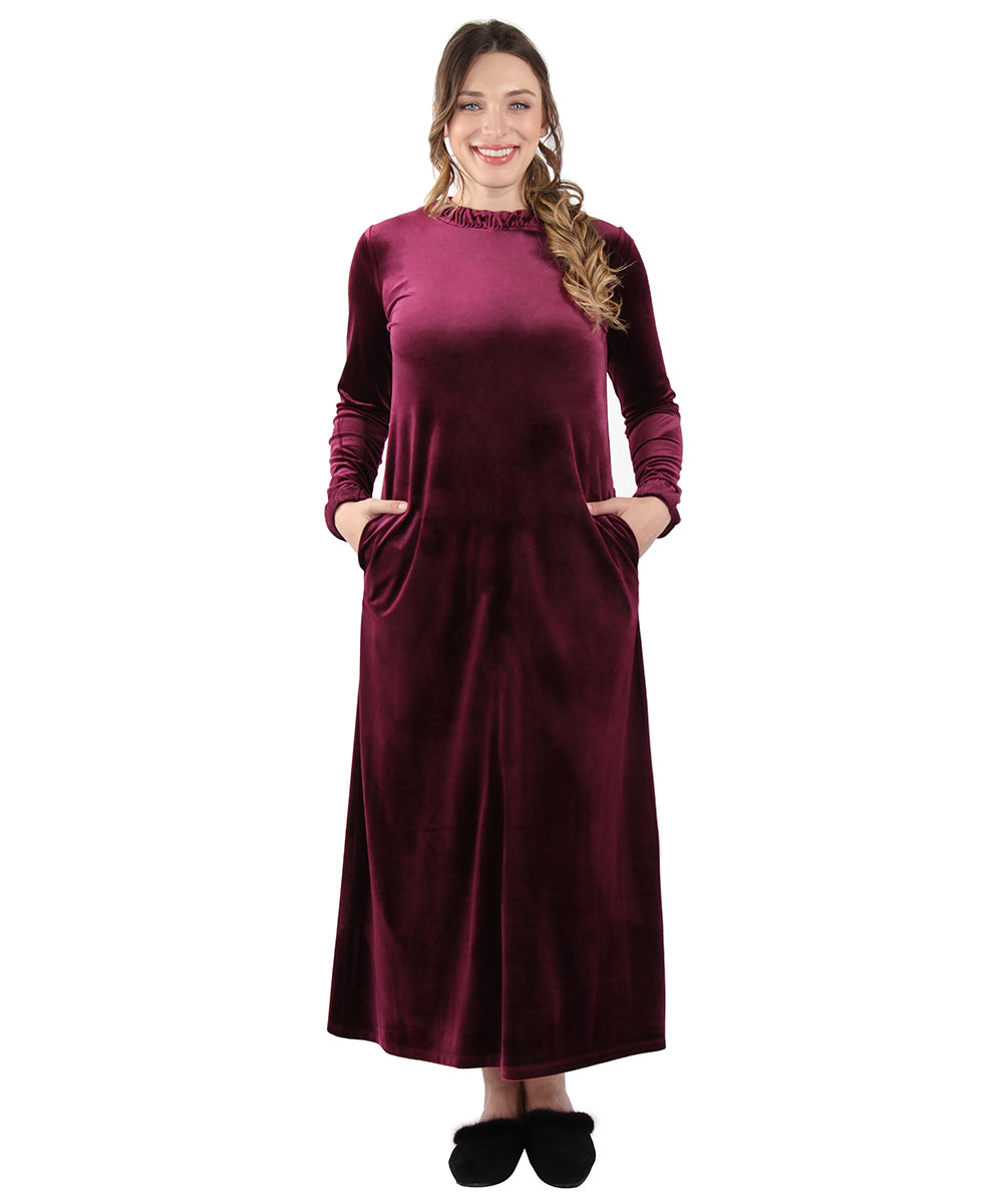 Women's Velour Ruched Neck Full Length Lounger Gown : Color: Burgundy