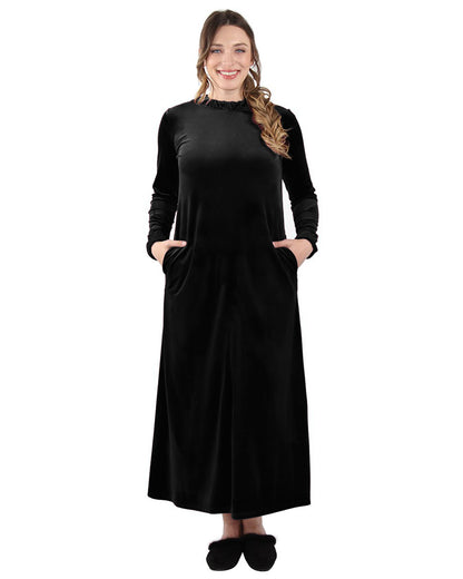 Women's Velour Ruched Neck Full Length Lounger Gown : Color: Black