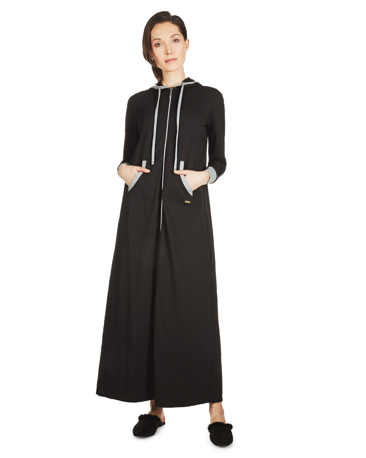 Women's Colorblock Cotton Blend Zippered Full Length Lounger Gown : Color: Black