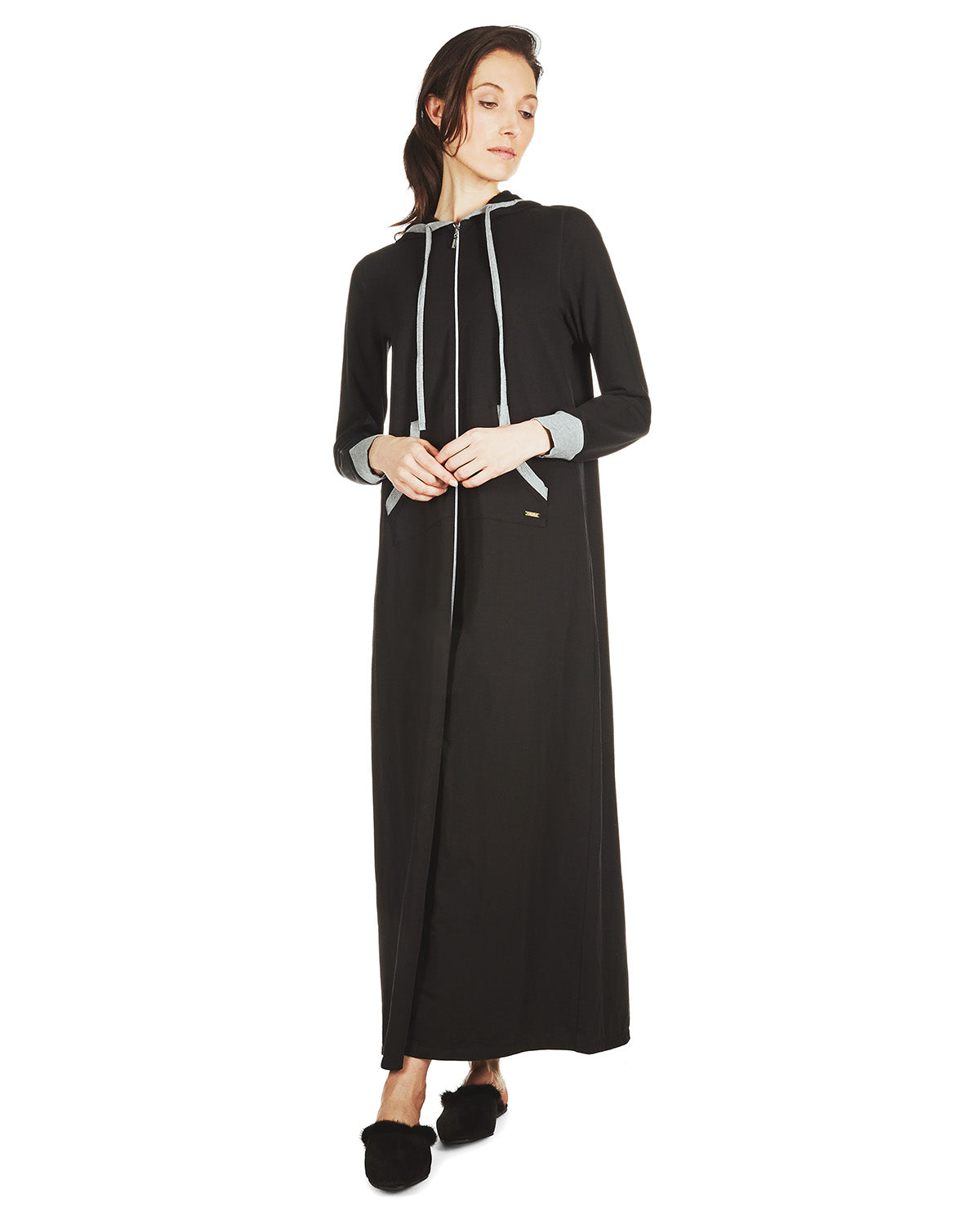 Women's Colorblock Cotton Blend Zippered Full Length Lounger Gown : Color: Black