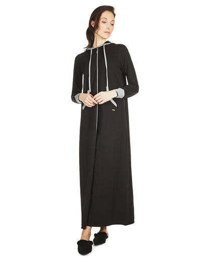 Women's Colorblock Cotton Blend Zippered Full Length Lounger Gown : Color: Black