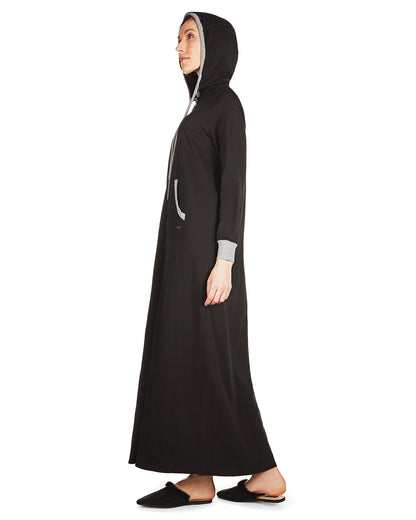 Women's Colorblock Cotton Blend Zippered Full Length Lounger Gown : Color: Black