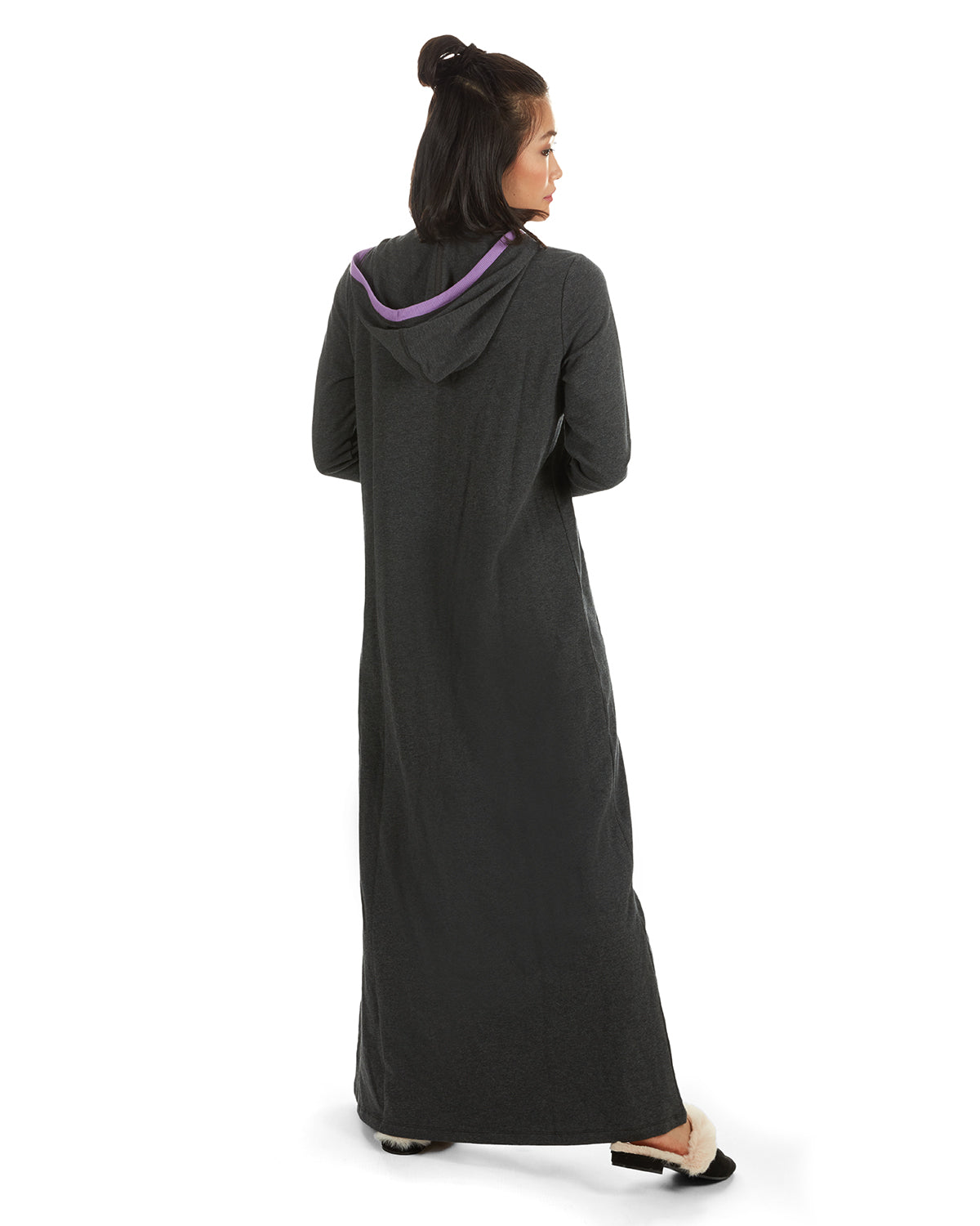 Women's Colorblock Cotton Blend Zippered Full Length Lounger Gown : Color: Charcoal Heather 