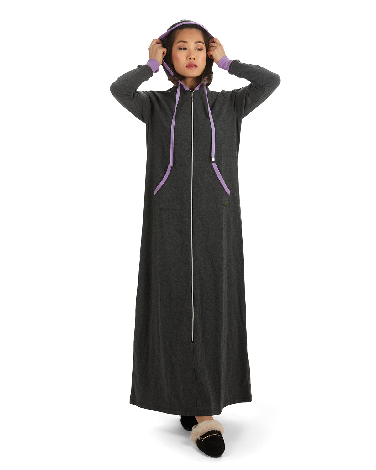 Women's Colorblock Cotton Blend Zippered Full Length Lounger Gown : Color: Charcoal Heather 