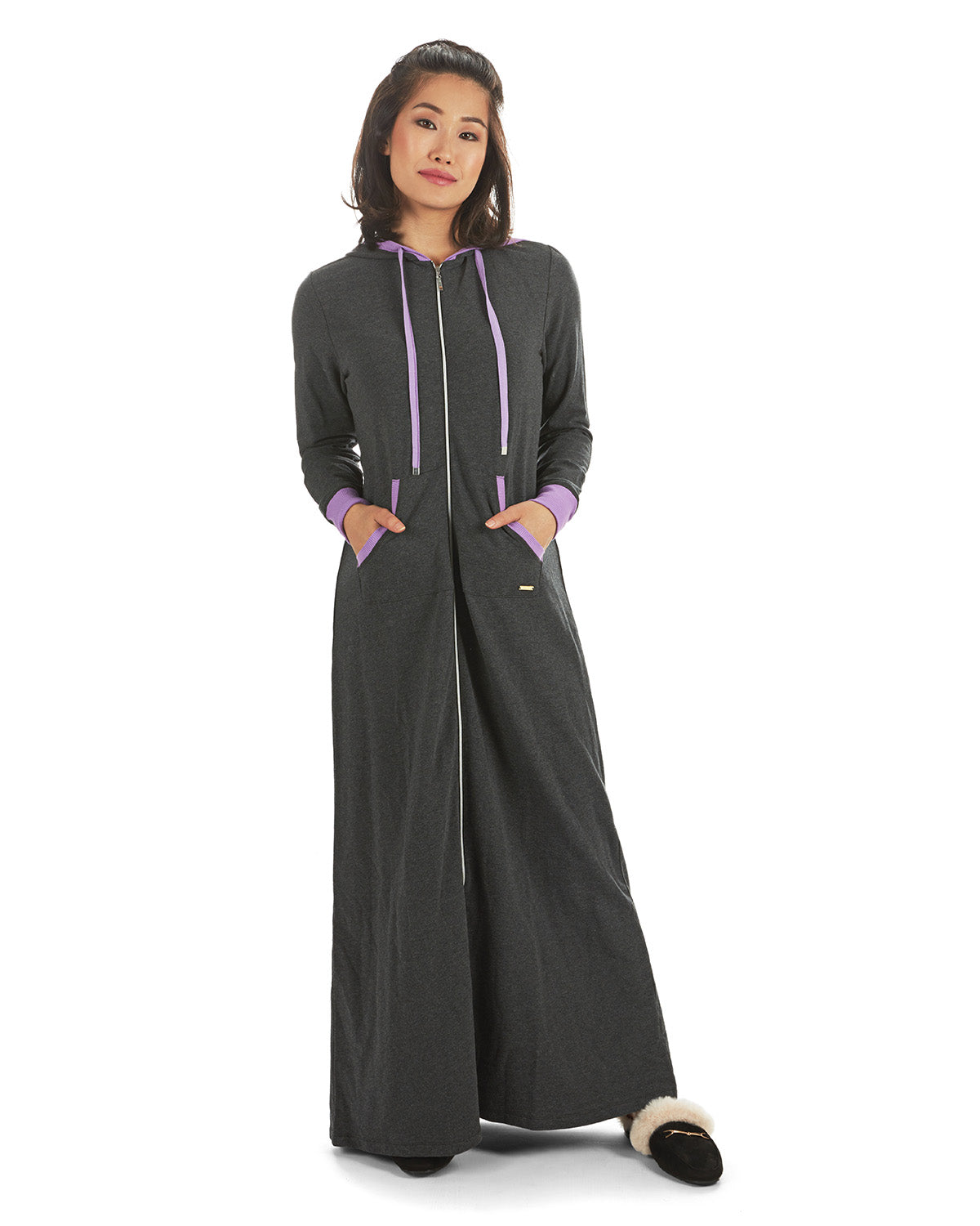 Women's Colorblock Cotton Blend Zippered Full Length Lounger Gown : Color: Charcoal Heather