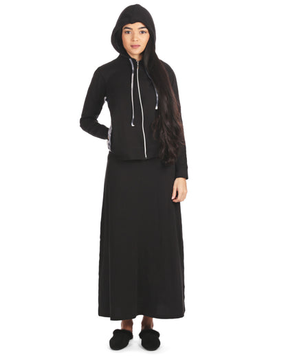 Women's Cotton Blend French Terry Zippered Lounger Gown Set : Color: Black