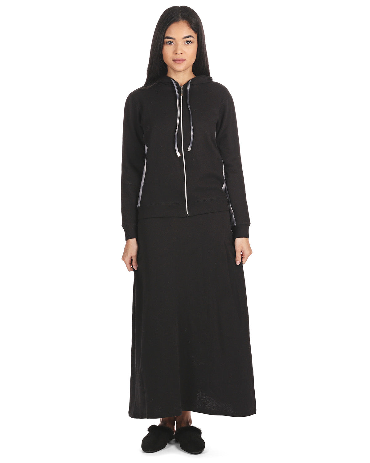 Women's Cotton Blend French Terry Zippered Lounger Gown Set : Color: Black