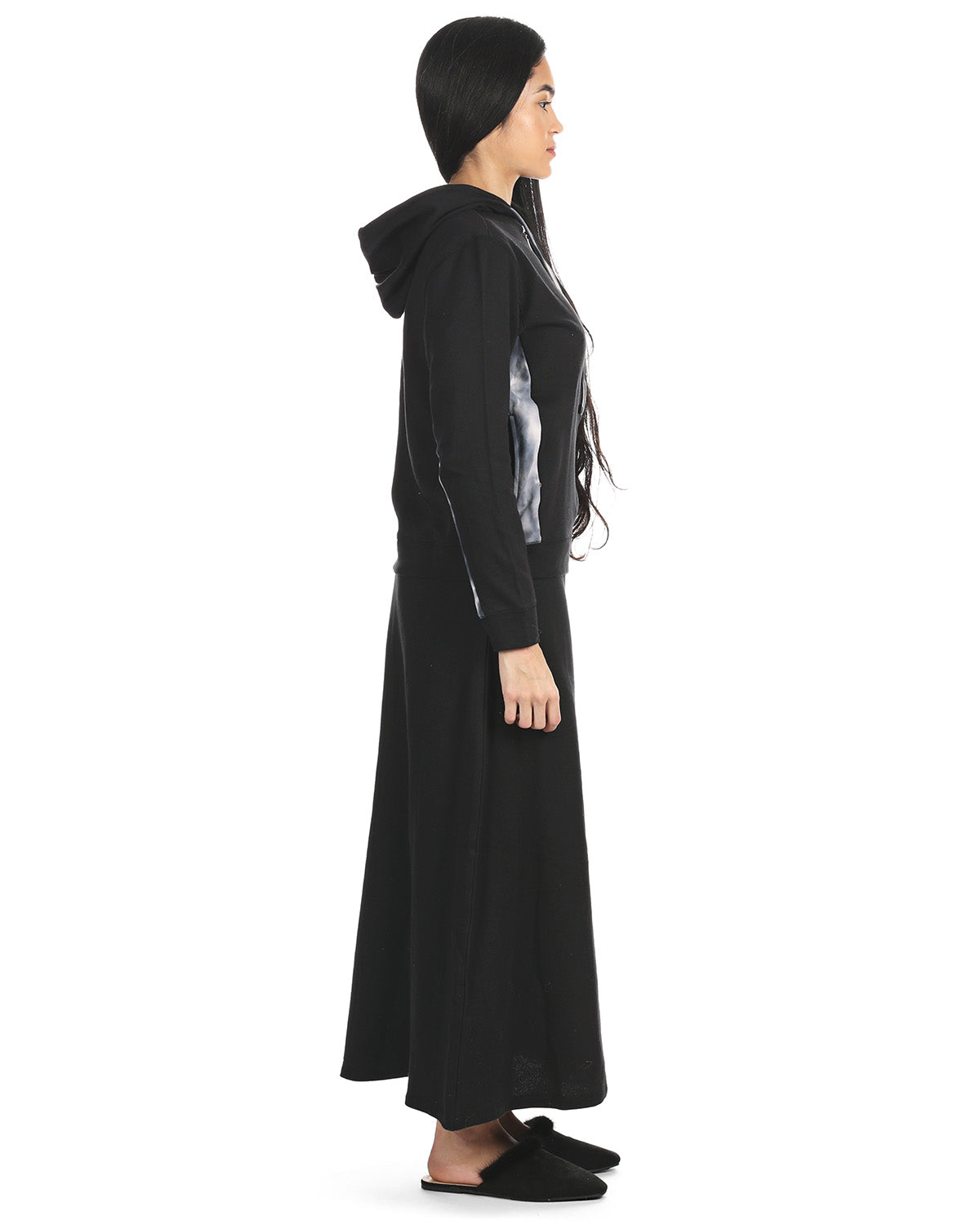 Women's Cotton Blend French Terry Zippered Lounger Gown Set : Color: Black