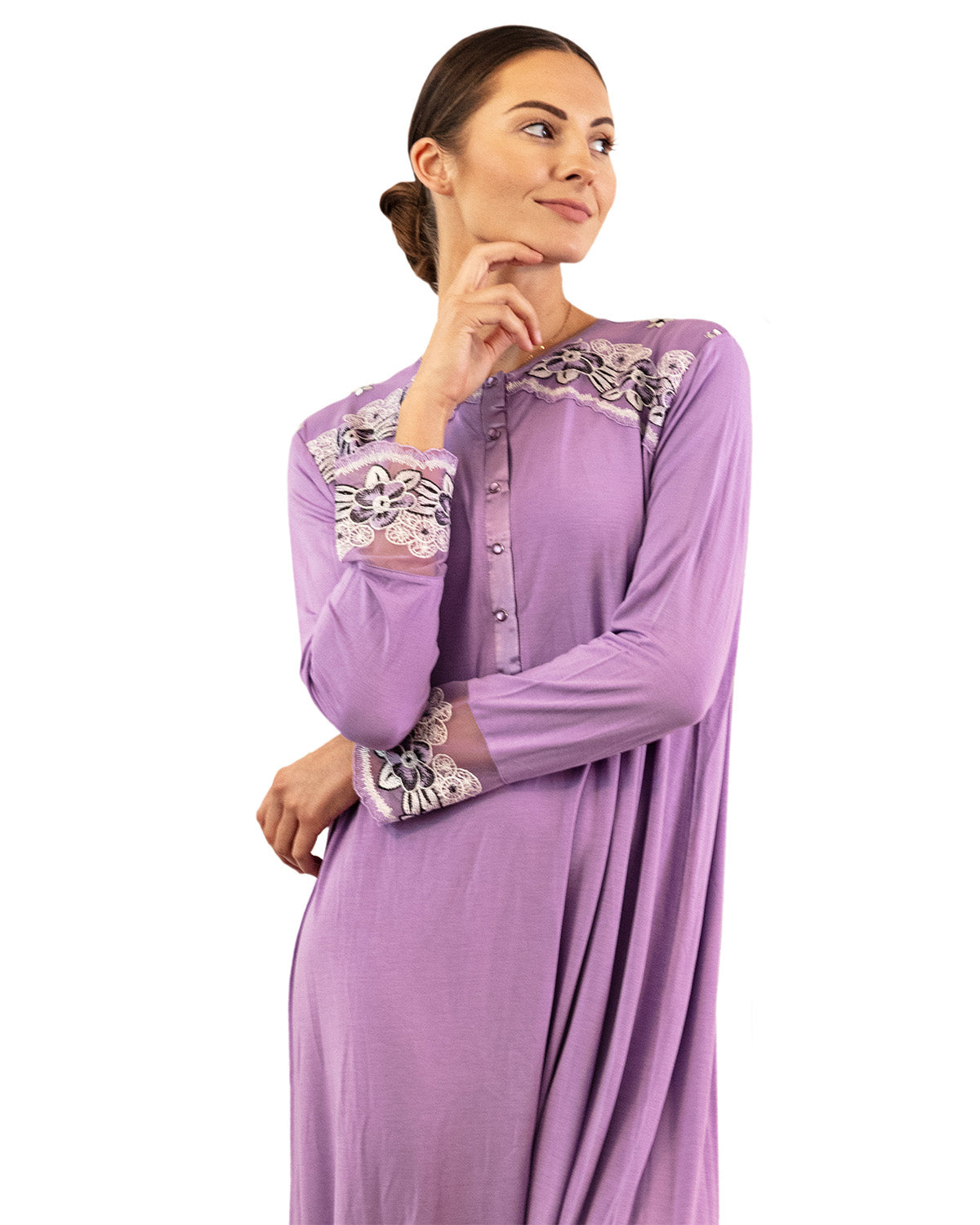 Women's Modest Lace Cuff and Shoulder Accent Ankle Length Nightgown : Color: Lavender