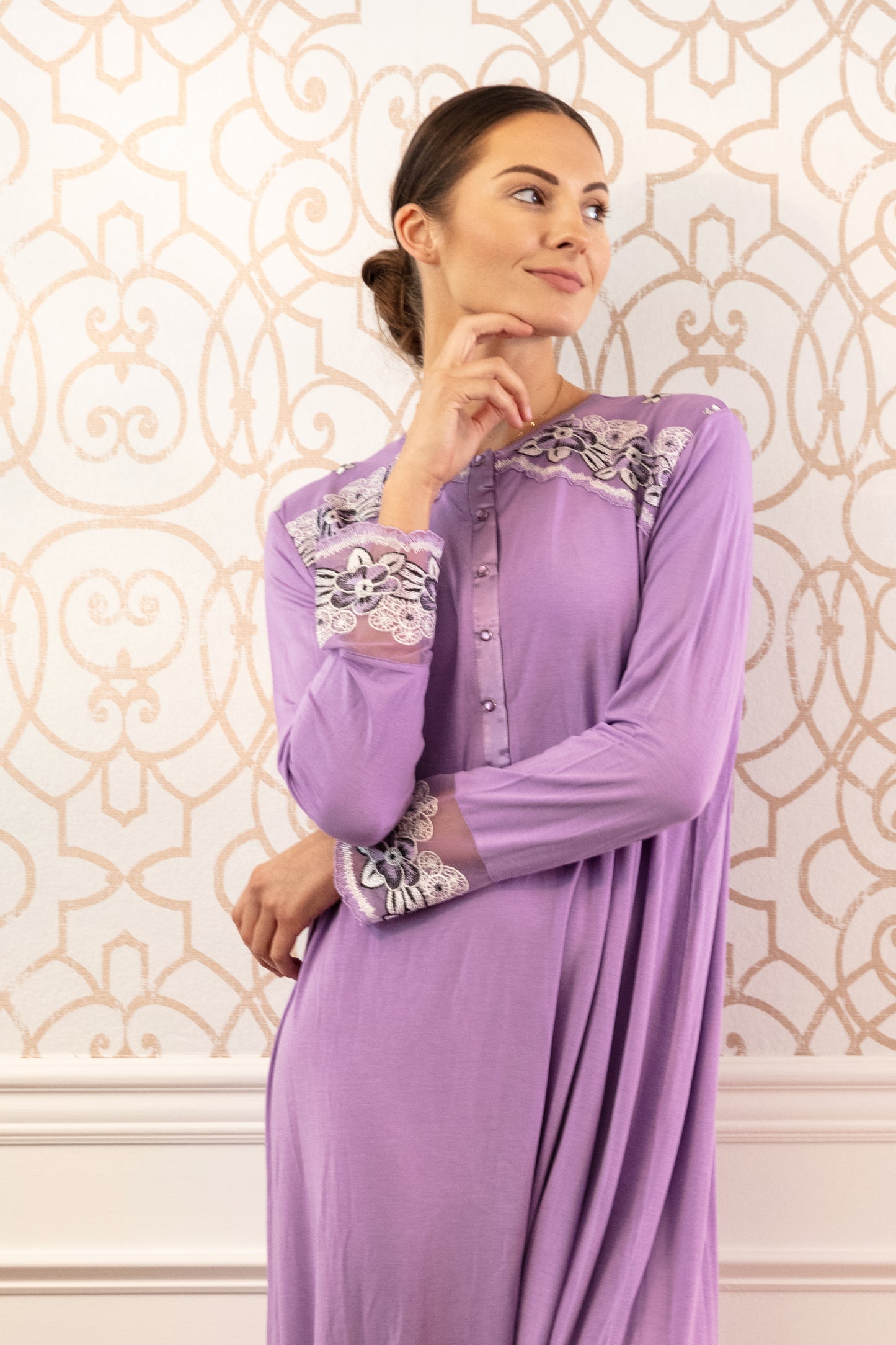 Women's Modest Lace Cuff and Shoulder Accent Ankle Length Nightgown : Color: Lavender