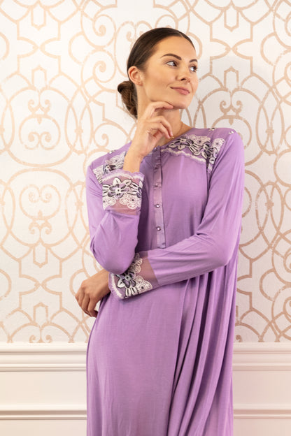 Women's Modest Lace Cuff and Shoulder Accent Ankle Length Nightgown : Color: Lavender