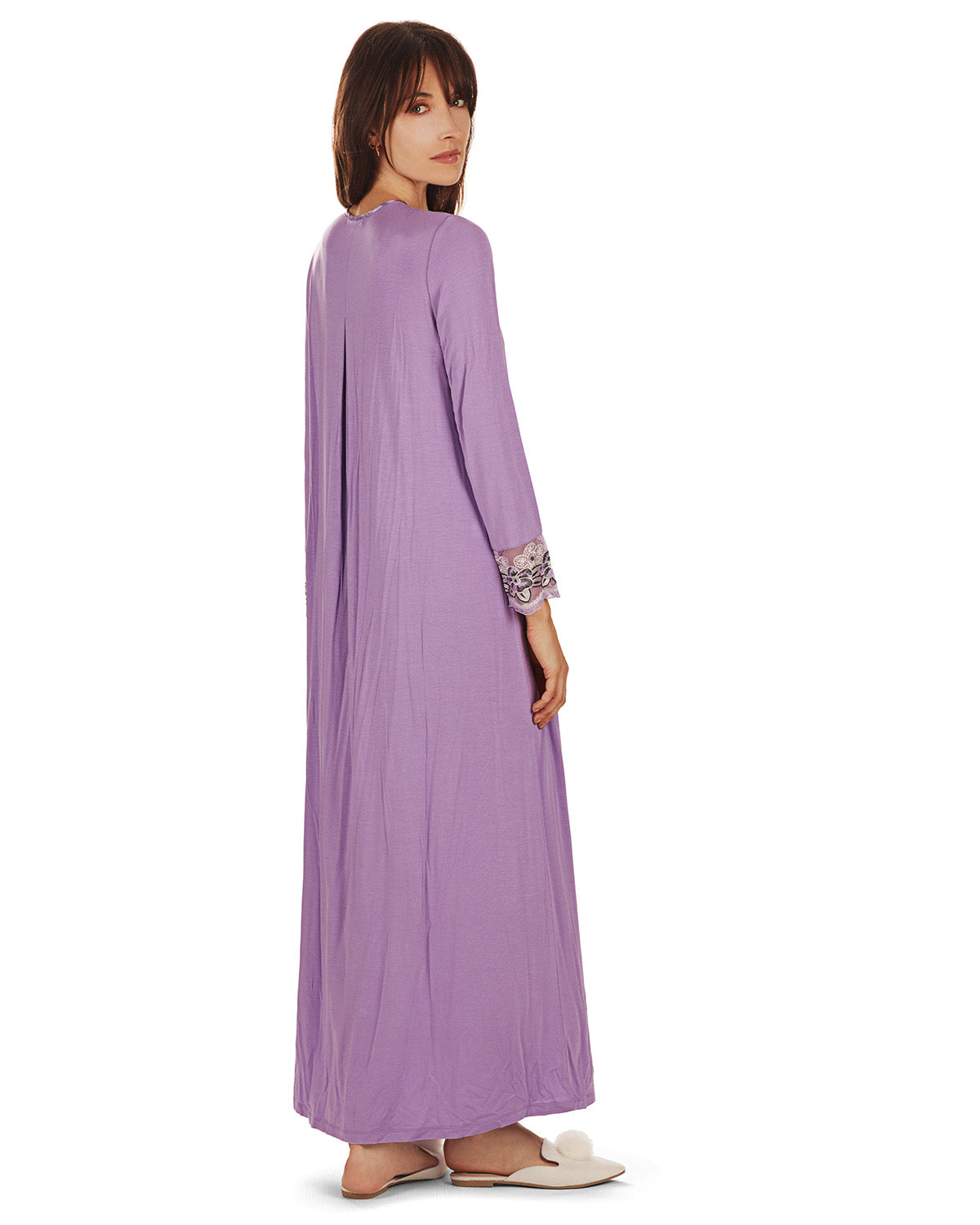 Women's Modest Lace Cuff and Shoulder Accent Ankle Length Nightgown : Color: Lavender