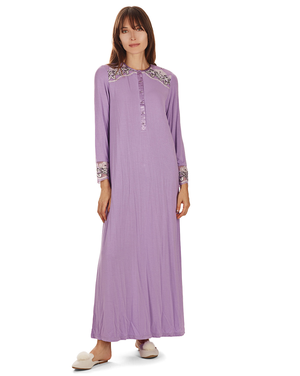 Women's Modest Lace Cuff and Shoulder Accent Ankle Length Nightgown : Color: Lavender