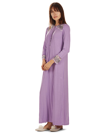 Women's Modest Lace Cuff and Shoulder Accent Ankle Length Nightgown : Color: Lavender