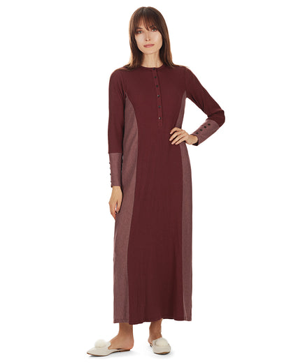 Women's Modest Henley-Style Full-Length Ribbed Nightgown : Color: Wine