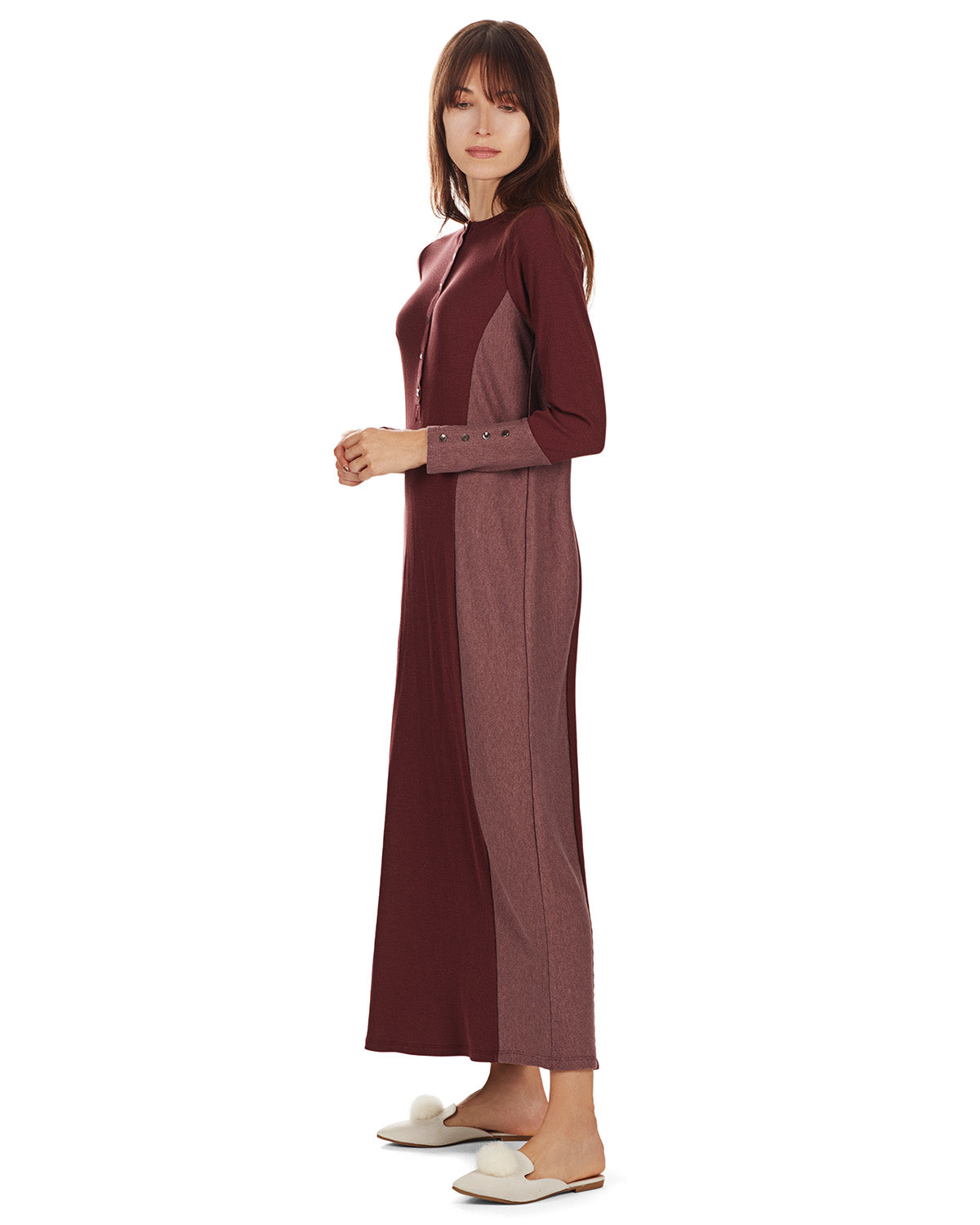 Women's Modest Henley-Style Full-Length Ribbed Nightgown : Color: Wine