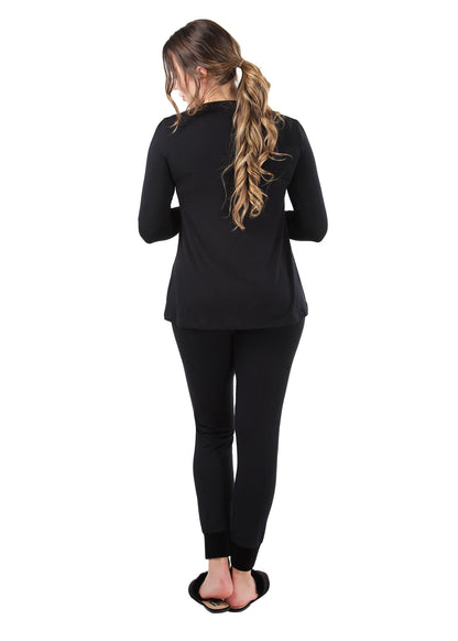Women's Velvet Racing Stripe Trim Long Sleeve Pajama Set : Color: Black