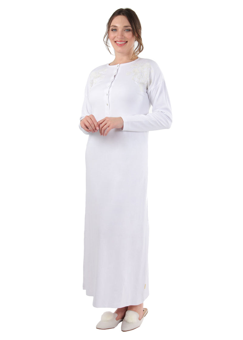 Women's 100% Cotton Full-Length Nightgown with Floral Motif