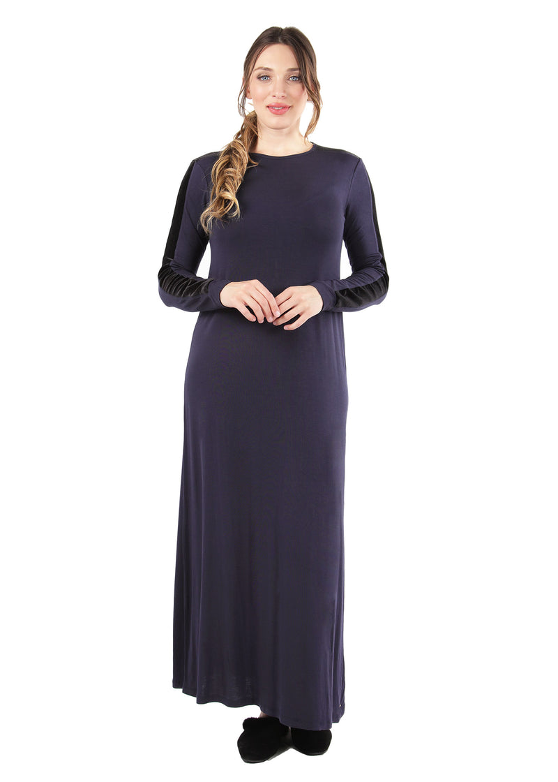 MeMoi Collection Over the Head Gown with Velvet Trim