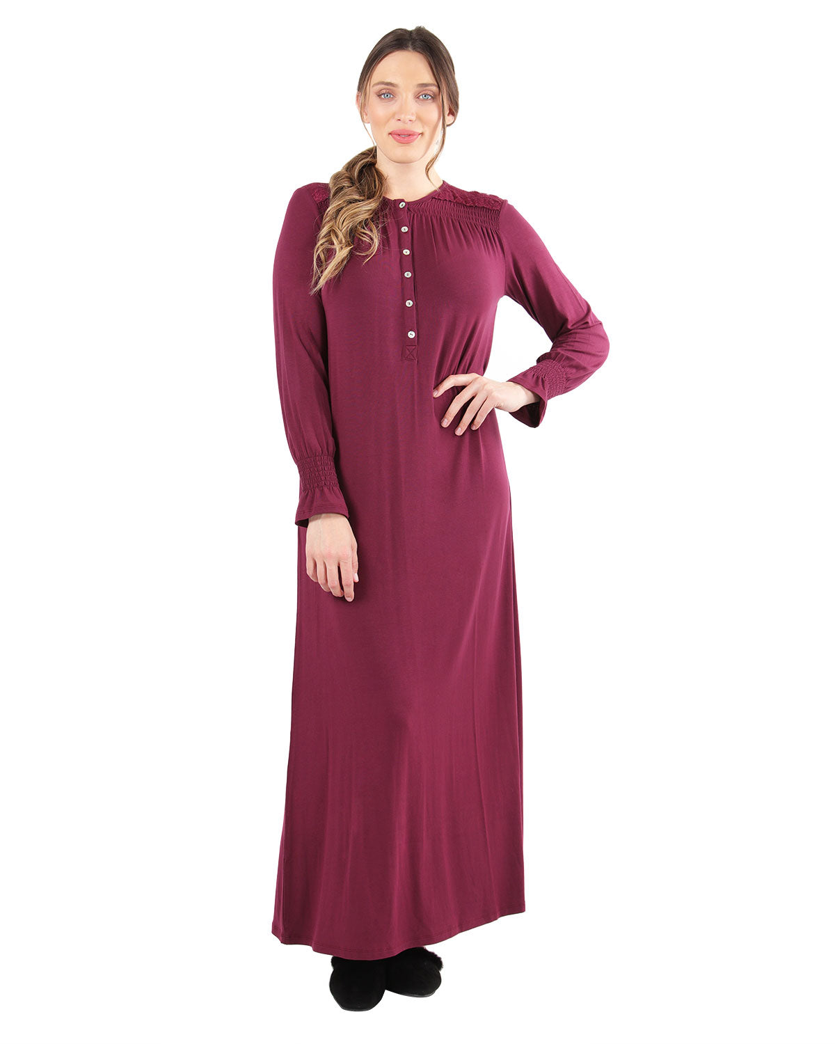 Women's Aubergine Cozy Lace Trim Full-Length Nightgown : Color: Aubergine