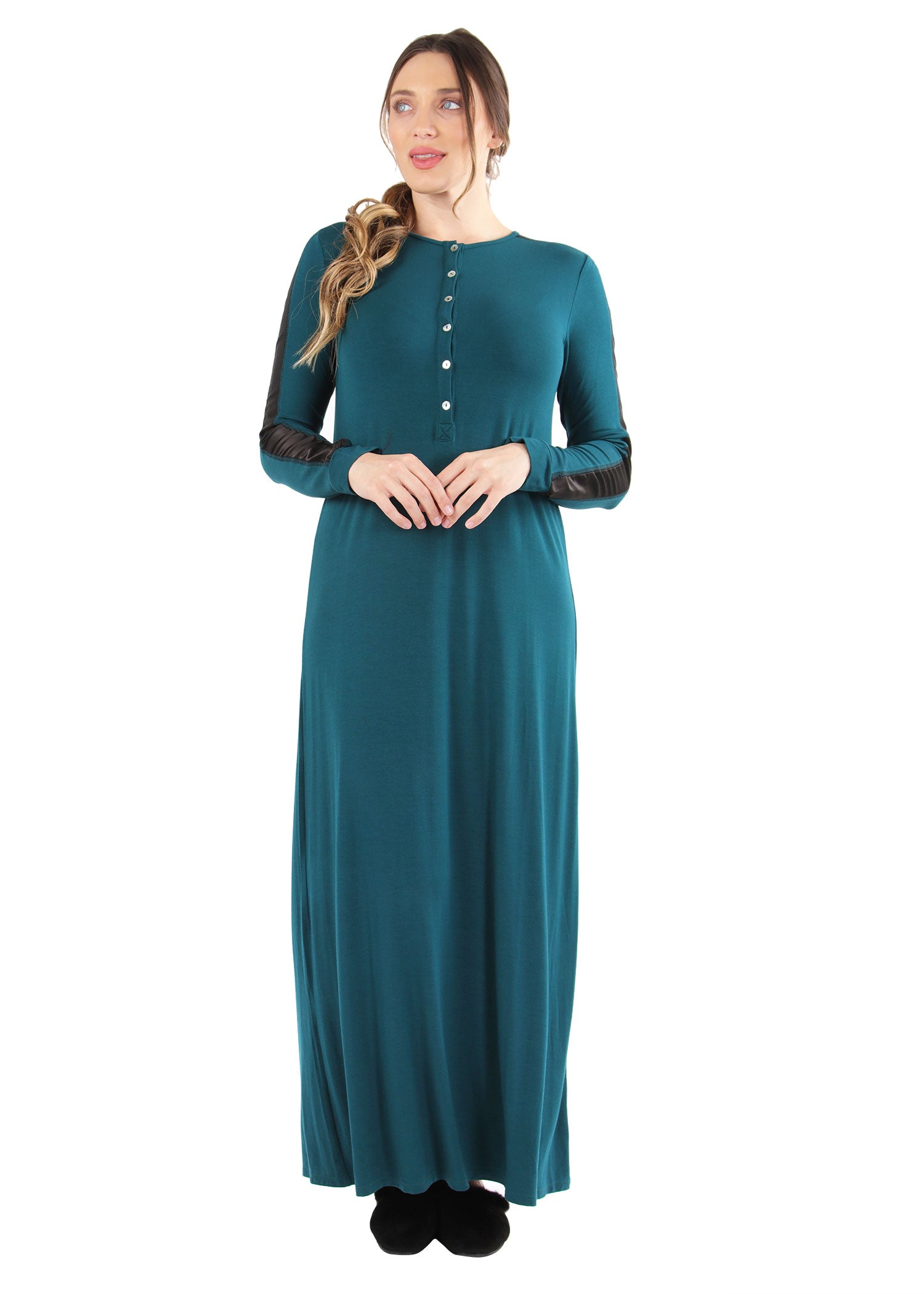 Women's Satin Trimmed Sleeve Full-Length Long Nightgown : Color: Hunter Green