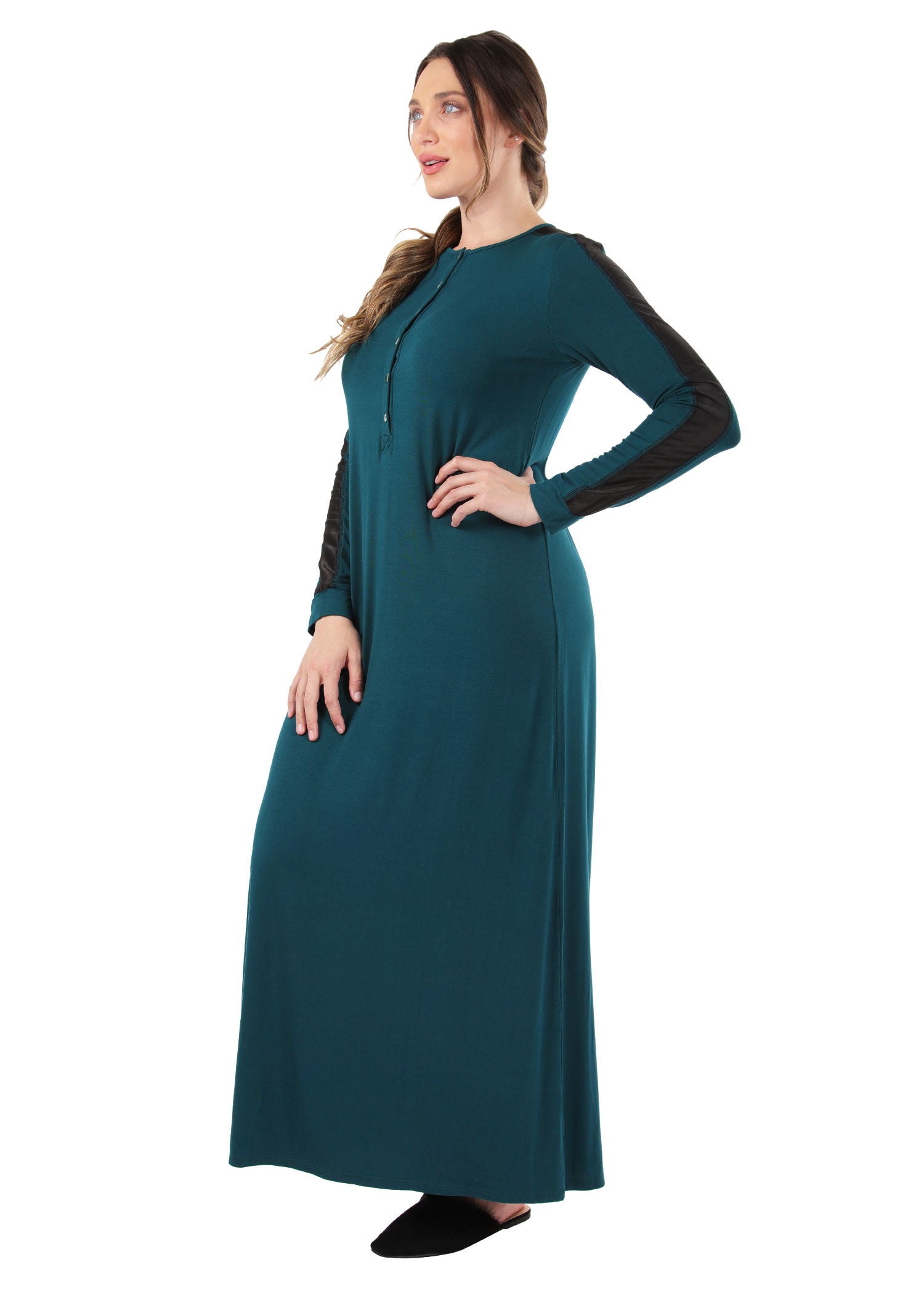 Women's Satin Trimmed Sleeve Full-Length Long Nightgown : Color: Hunter Green