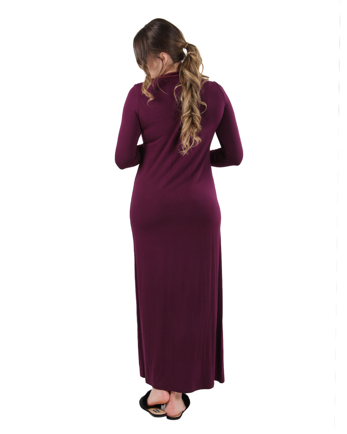 Women's Velour Trim Long Sleep Gown with Decorative Plackets : Color: Burgundy