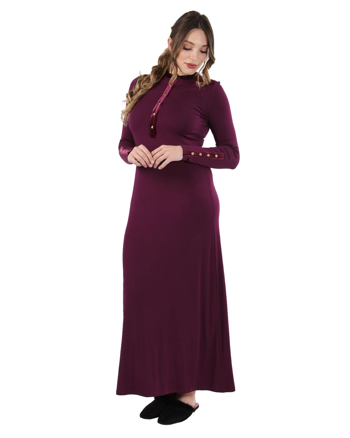 Women's Velour Trim Long Sleep Gown with Decorative Plackets : Color: Burgundy