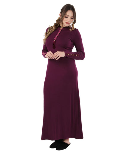 Women's Velour Trim Long Sleep Gown with Decorative Plackets : Color: Burgundy