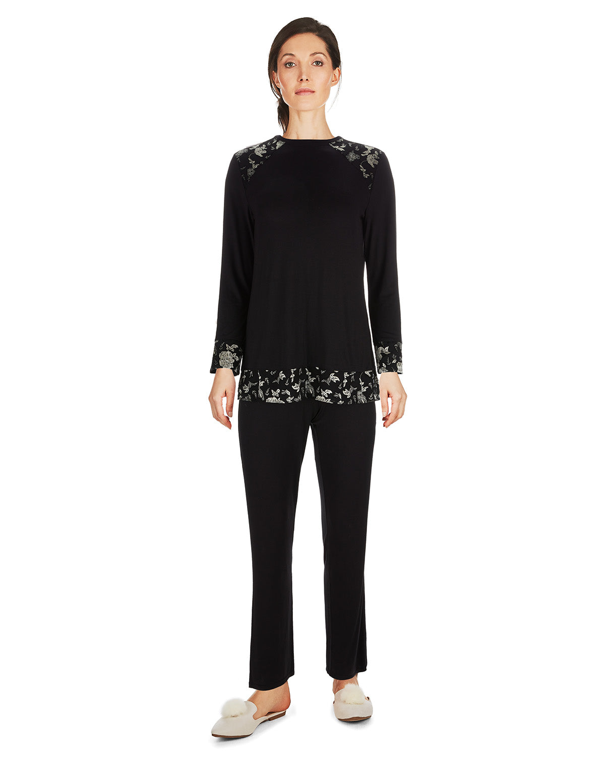 Women's Floral Flocked Ultra-Soft Pajama Set : Color: Black
