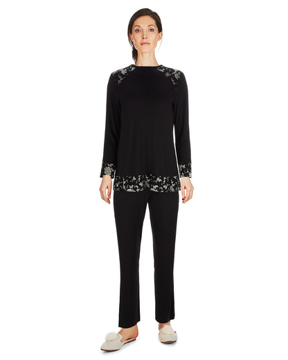 Women's Floral Flocked Ultra-Soft Pajama Set : Color: Black