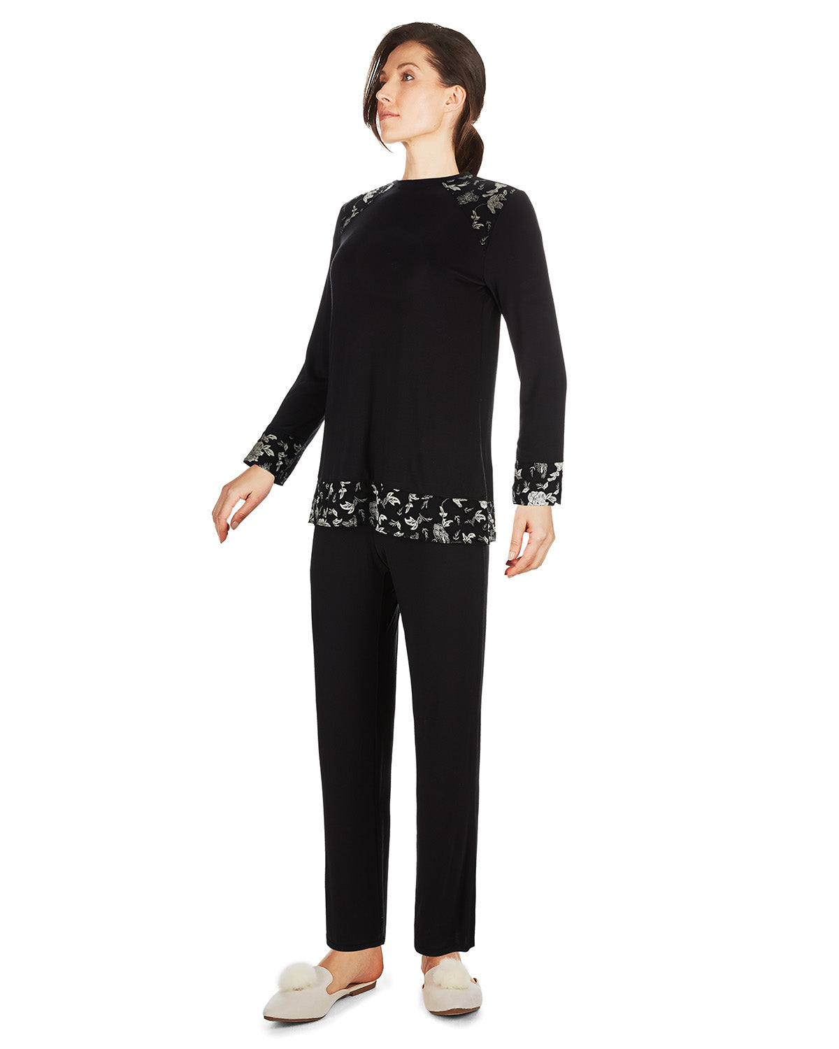 Women's Floral Flocked Ultra-Soft Pajama Set : Color: Black