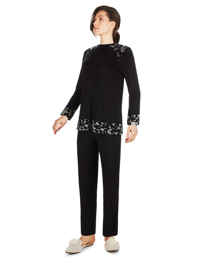 Women's Floral Flocked Ultra-Soft Pajama Set : Color: Black