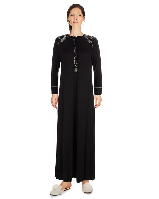 Women's Floral Flocked Full-Length Lounger Gown : Color: Black